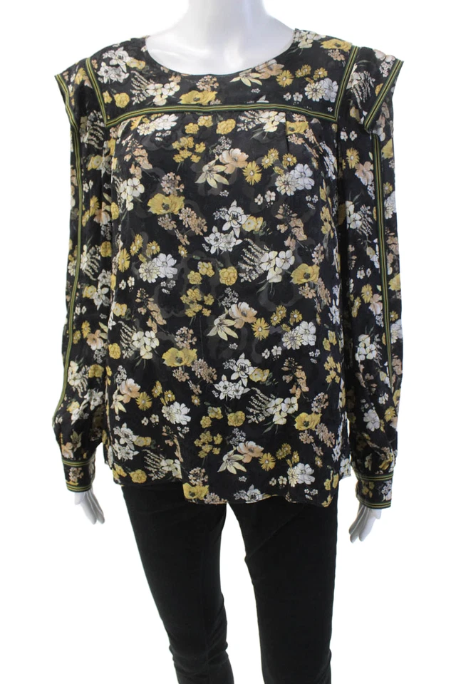 Blusa 10 Crosby Derek Lam Mujer Manga Larga Cuello en V Floral Negra Talla 6 Foto 1 de 4