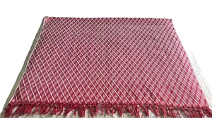 Vintage Red & White Woven Throw Blanket Fringed 56” x 90” Diamond Pattern - Picture 1 of 10