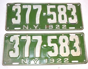 Juego de pares de matrículas de Nueva York NY 1922 377-583 - Imagen 1 de 4