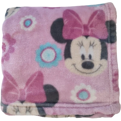 Manta Disney Bebé Minnie Mouse Rosa Cara Azul Flores Suave Vellón Lazo Blanco Foto 1 de 4