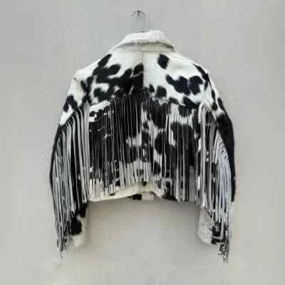 Women Western Cowhide Fringe Jacket Hair On Fur Short Coat Rodeo Style Blazer - Image 1 of 3