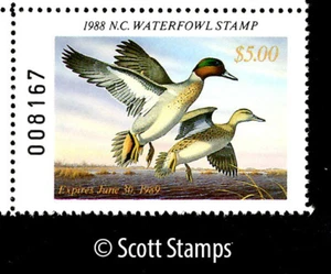 NC6 1988 North Carolina Duck Stamp - MNH - Green-winged Teal  - Picture 1 of 1