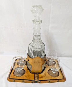 Vintage Leather Brandy Decanter Set With 4 Shot Snifter Cordial Glasses - Picture 1 of 8