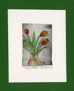 THREE TULIPS Garden Flowers. Original Botanical Watercolor ETCHING signed - Picture 1 of 1