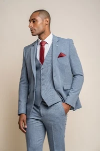 Juego de 3 piezas de traje de tweed de calce ajustado para hombre mezcla de lana traje de boda de negocios - azul - Imagen 1 de 11