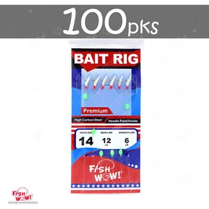100pks Size 14 Fish WOW! Sabiki Bait Rig with 6 Gold Hooks Glow Beads Fish Skin - Picture 1 of 3