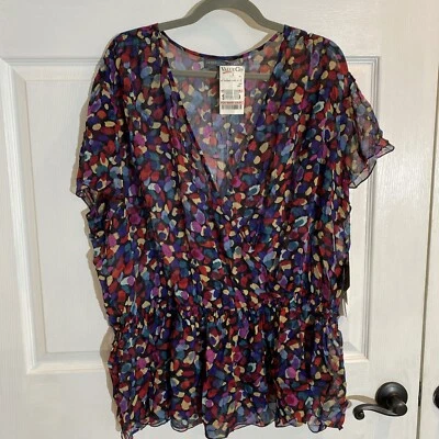 Josephine Chaus 100% 真丝衬衫大码,弹性腰部飘动袖,24W,全新带标签 — 第 1/4 张图片