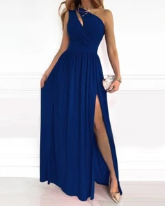 Diagonal Shoulder High Slit Sexy Long Dress-Blue - Picture 1 of 2