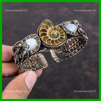 Brazalete de cobre natural amonita fósil arco iris piedra lunar nuevo envuelto en alambre joyería Foto 1 de 4