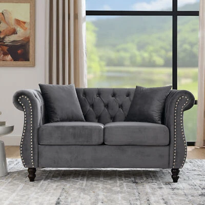 2-Seat Velvet Chesterfield Sofa Loveseat Button Tufted Couch w/Solid Wood Legs - Image 1 of 4