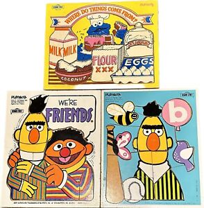 Vintage Playskool Wood Puzzles Sesame Street Lot 3 Bert & Ernie Cookie Monster