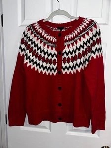 Talbots Nordic Cotton Blend Button Up Cardigan Fair Isle Sweater Size M Red - Picture 1 of 5