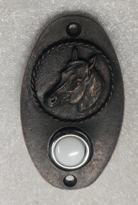 Cabeza de caballo EE. UU. Timbre pulsador ovalado puerta herrajes bronce frotado con aceite Foto 1 de 2