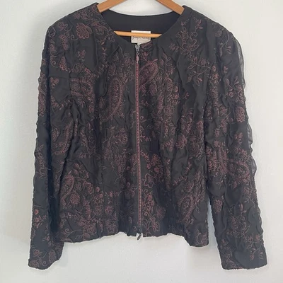 Joseph Ribkoff Jacket Black Sz 14 Full Zip Shimmer Sequins Crystals Rose Floral - Image 1 of 4