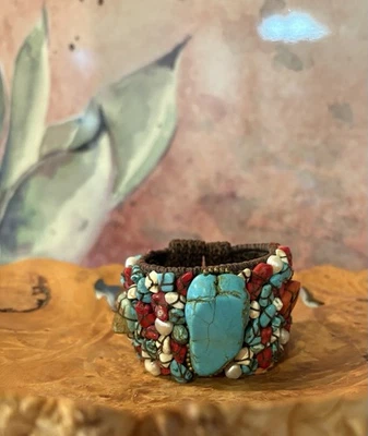 Handmade Unique Southwest Large Cuff Bracelet Howlite Coral Pearl - Image 1 of 4