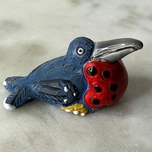 Handmade Clay Bird Figurine HL Marked Toucan Style Red Blue Folk Art Pottery 2" - Picture 1 of 7