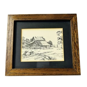 Vintage Jerry Miller kleine Scheune Druck Feder und Tusche Zeichnung Holz gerahmt mattiert 8X6 - Bild 1 von 6