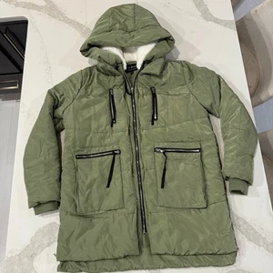 Jason Maxwell Puffer Coat Faux Shearling Lined Hood Women’s Large Olive Green - Picture 1 of 10
