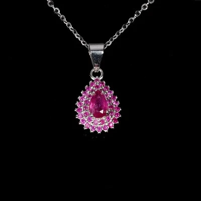 925 Sterling Silver Necklace Pear Ruby 6x4mm Ruby Diamond Cut Gemstone 18inches - Image 1 of 4