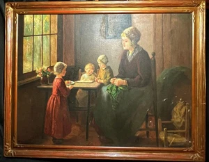 Antico ritratto dipinto olio madre figli tedesco americano Nic Nicholas Lenz - Foto 1 di 24