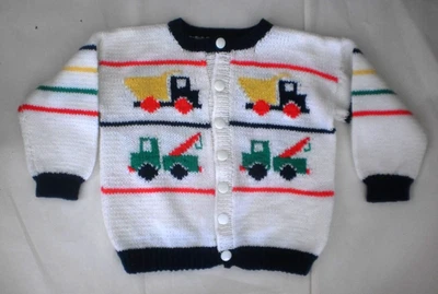 Cárdigan suéter tejido vintage niño pequeño hecho a mano? Camiones de acrílico Foto 1 de 4