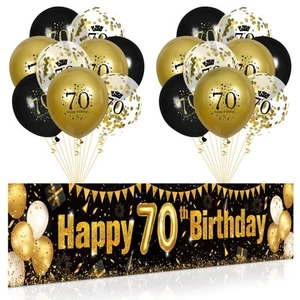 70th Birthday Decoratio for Men and Women Black and Gold Yard Banner Sign 18 PCS - Picture 1 of 7