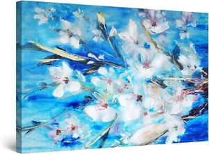 White Flowers on Blue Background 90x60cm Framed Premium Quality Wall Art Print - Bild 1 von 3