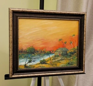 Painting Sunset Ocean waves Beach palm trees Sand seascape landscape art framed - Picture 1 of 7