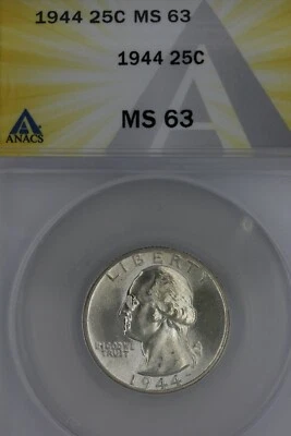1944  .25  ANACS  MS 63  Washington Quarter, Silver 25 Cents (.25) - Image 1 of 2