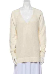 Tibi Sweater Women's Medium Neutrals Crochet Trim Cotton Long Sleeve Plunge Neck - Picture 1 of 3
