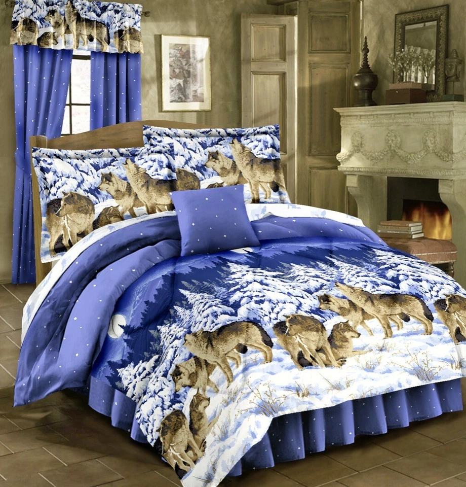 MIDNIGHT WOLVES Bed In Bag Howling Pack Wolf Bedding Blue Comforter & Sheet Set - Image 1 of 4