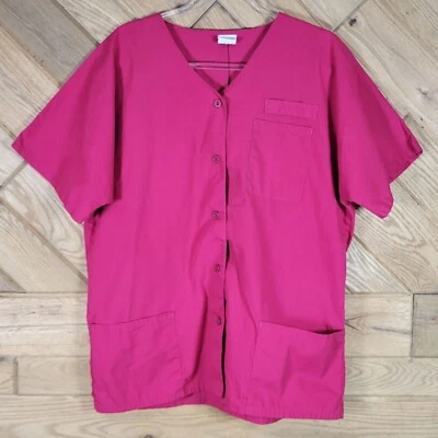 Barco Womens Button Front Medical Scrub Top Size L Front Pockets Fuchsia - Image 1 of 4