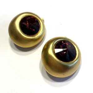 Chunky Y2K Clip On Earrings Brushed Goldtone & Huge Purple Rhinestones Mod Round - Picture 1 of 7