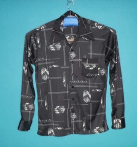 Vtg 70s Stretch Polyester Disco Shirt Black Gray Geometric Sz M/L - Picture 1 of 8