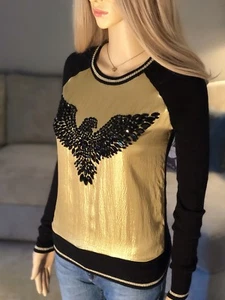 JUICY COUTURE XS 0 2 Gold Black Beaded Eagle Silk Front Wool Sweater Top Bird - Picture 1 of 11