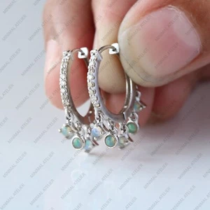 Moissanite Opal Drop Hoops Dangle  Earrings 14k White Gold Gift For Her Birthday - Picture 1 of 7