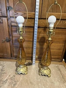 Vintage 2 MCM Empoli Murano Italy Amber Art Glass Table Lamps Small Bedroom - Picture 1 of 5