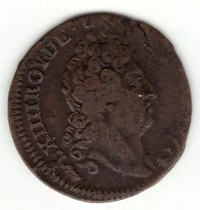 Louis XIV, 1714 /3 W copper ''Liard de Lille à la tête nue'', Over date 4/3 - Foto 1 di 3