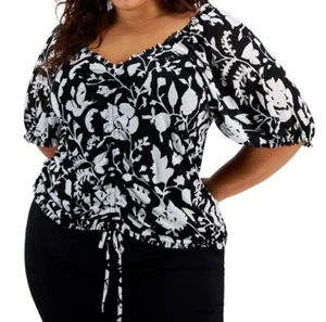 INC International Concepts Damen 3X Mesh Top schwarz weiß Puffärmel gerafft - Bild 1 von 10
