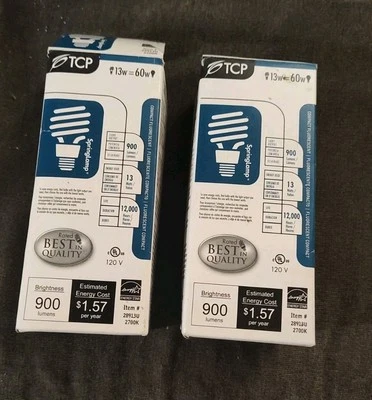2 TCPSpringLamp Compact Fluorescent Light Bulb 13W=60W 900 Lumens 2700K E26 Base - Image 1 of 4
