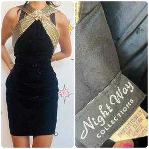Vintage 80s 90s Black & Gold Velvet Party Mini Dress – Glam Goth – Sz 10 Petite - Picture 1 of 8