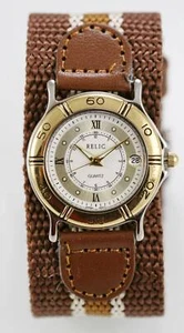 Relic Watch Unisex Date Brown Nylon Stainless Silver Gold Water Resist Quartz - Picture 1 of 3