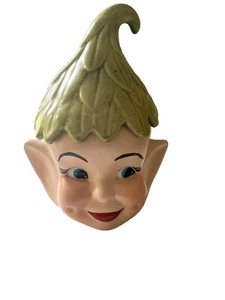 Vintage 12” Pixie Elf Head Dimples Cookie Jar With Green Hat Cottagecore Decor - Picture 1 of 24