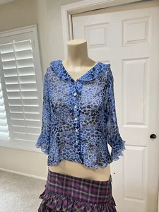 Women Silk Sheer Animal Print Blouse Flare Sleeve Romantic Blue Ruffles Medium - Picture 1 of 9