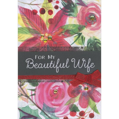 Tarjeta de Navidad For My Beautiful Wife 3D Banner Rojo Brillo Arco Flores Grandes Foto 1 de 2