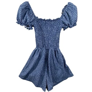 Streetwear Society Womens Jr Romper Shorts Sz S Blue White Smocked Off Shoulder - Picture 1 of 5