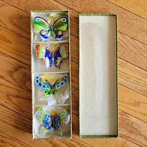 Cloisonné Butterfly Ornaments Lot of 4 Enamel on Brass Vintage 1980s 3" with Box - Foto 1 di 16