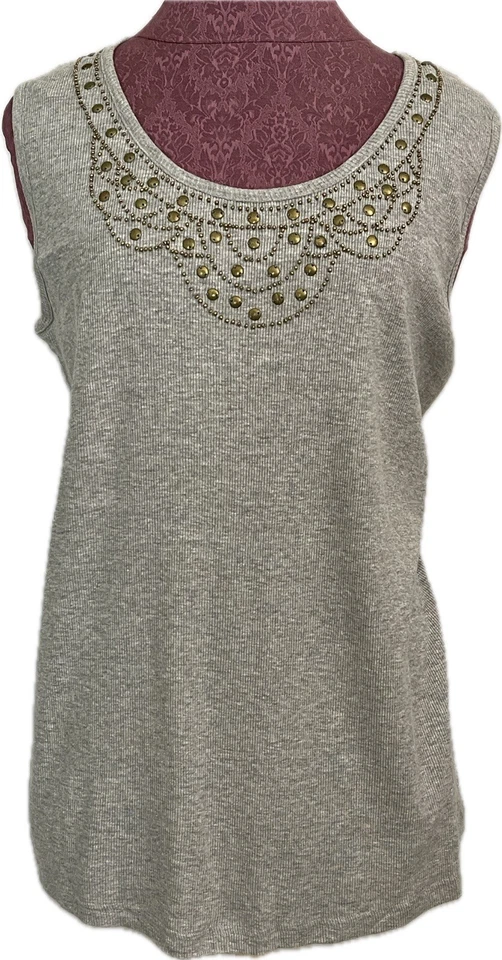 Camiseta sin mangas para mujer Jason Maxwell gris acanalada con cuentas talla 1X Foto 1 de 4