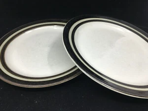 Karelia Arabia Finland 2 Dinner Plates Brown Bands Grey Background 2174 Pottery - Picture 1 of 5