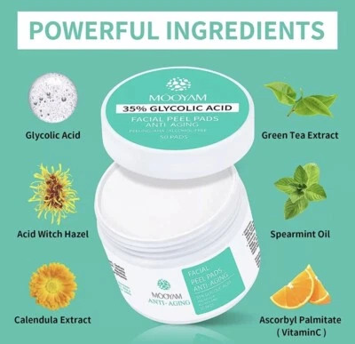 Glycolic Acid 35% Facial Exfoliating Peel Pads AHA Green Tea - 50 pads USA Stock - Image 1 of 2